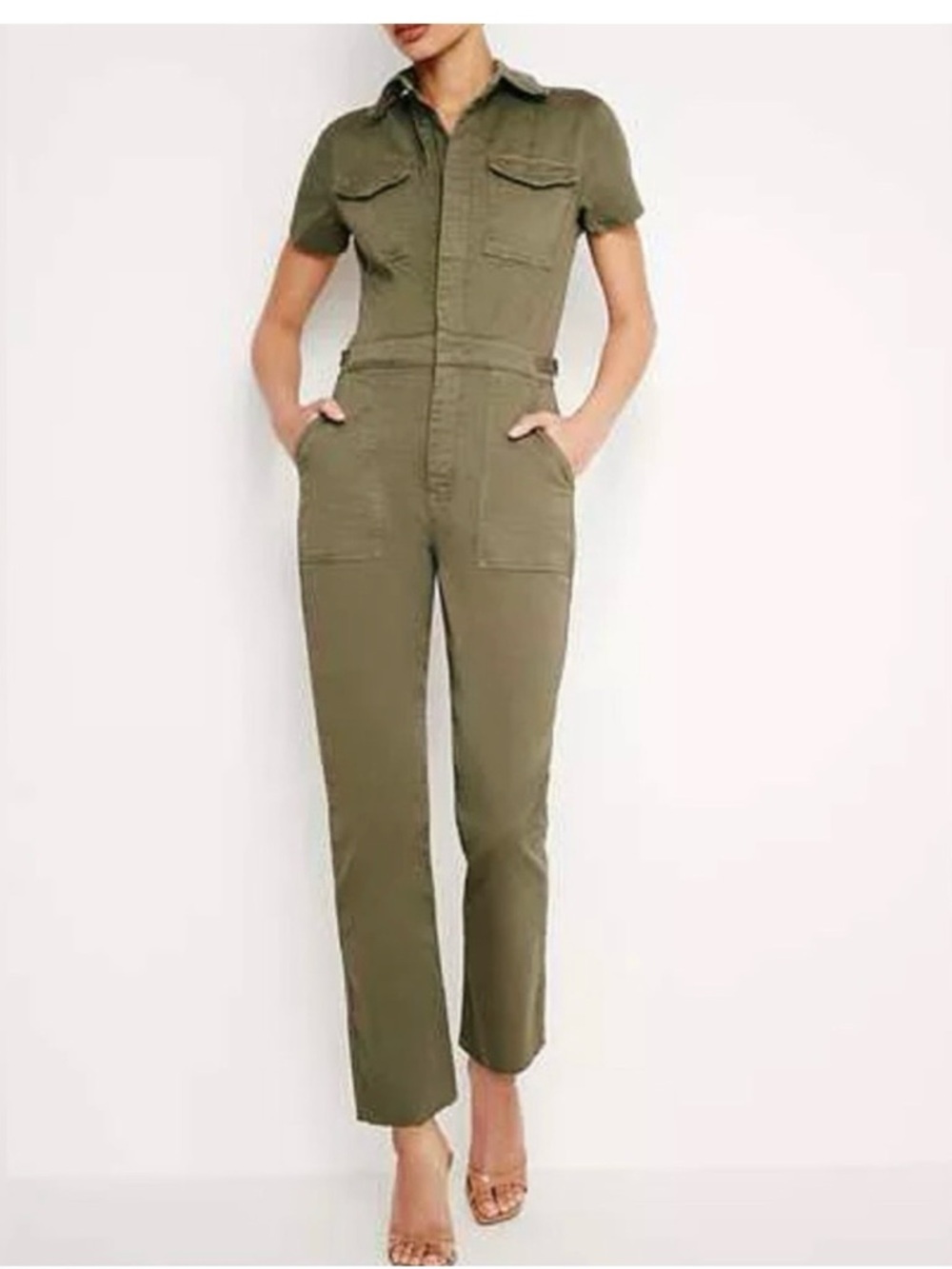 Good American Olive Short-Sleeve Utility Jumpsuit